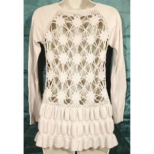 SIONI Sweater Women SZ M Cream Crochet Open Back Wool Blend Free Spirit Whimsy